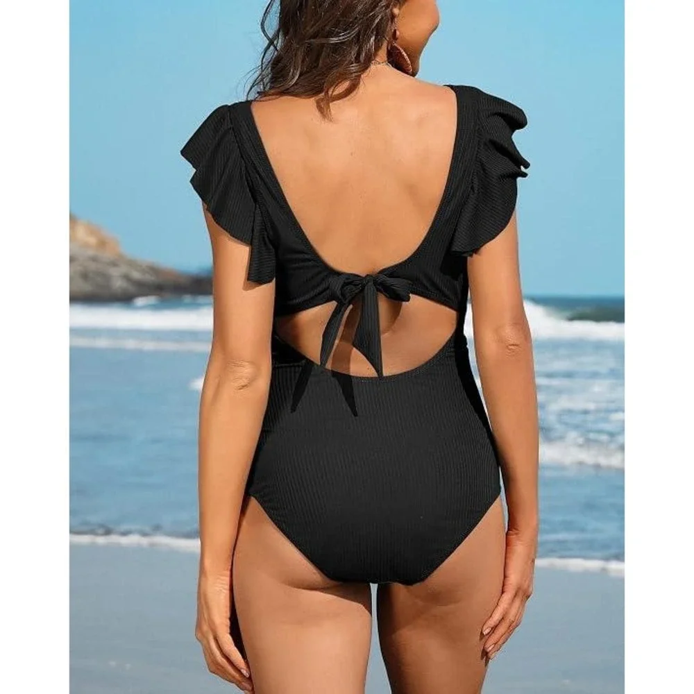 Charmo Maternity One Piece Swimsuit Black Ribbed Ruffle Cutout UPF 50 Size S NWT